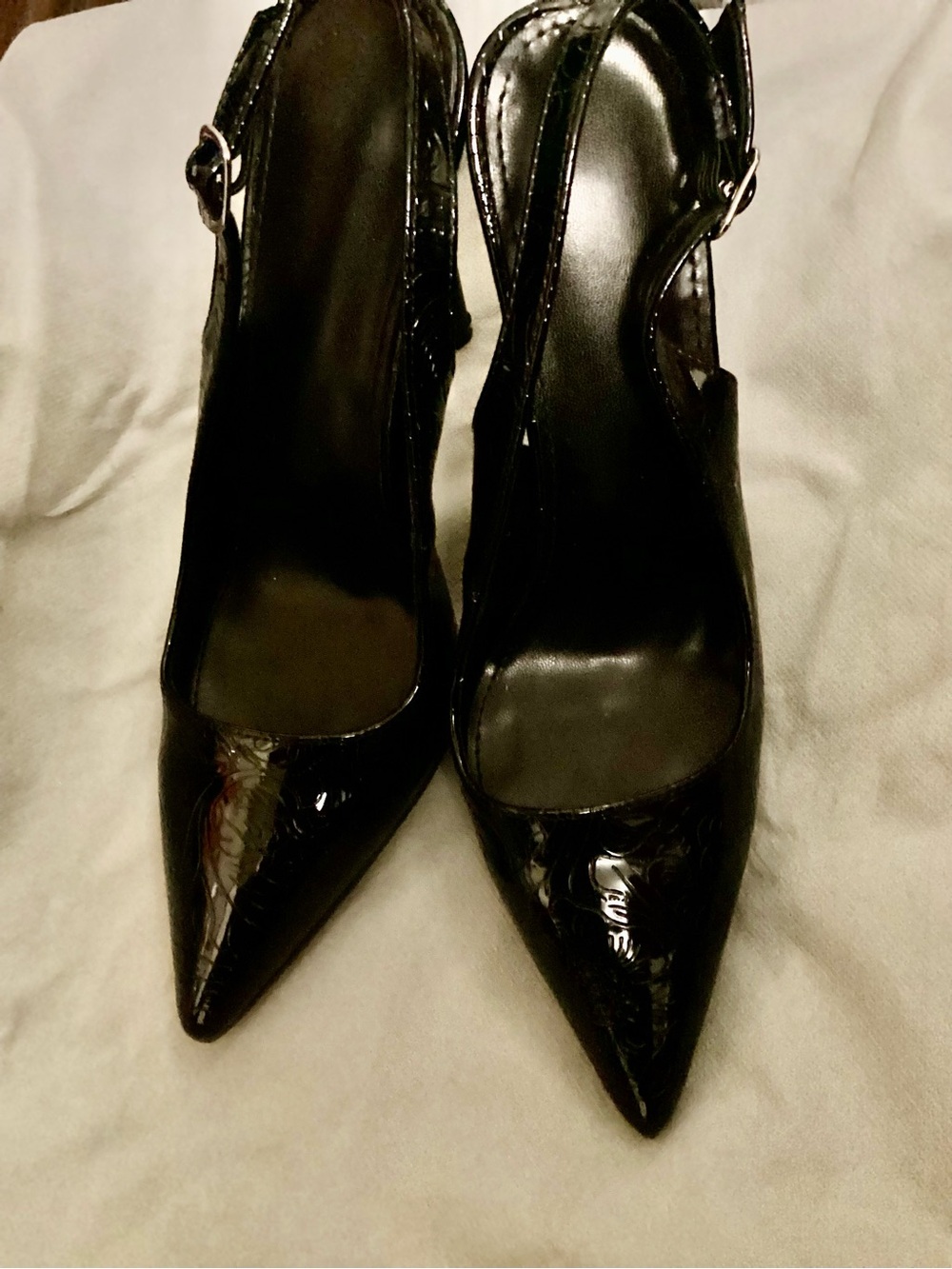 Black Patent Pointed-Toe Slingback Heels - Women